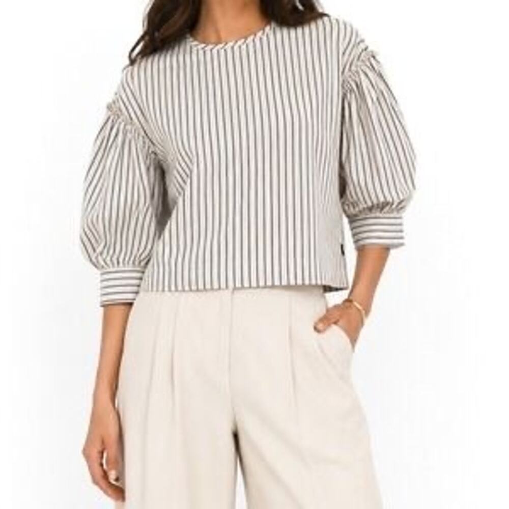 NWT Tuckernuck Edie Linen Puff Sleeve Crop Top in Blue Stripe - Size: Medium